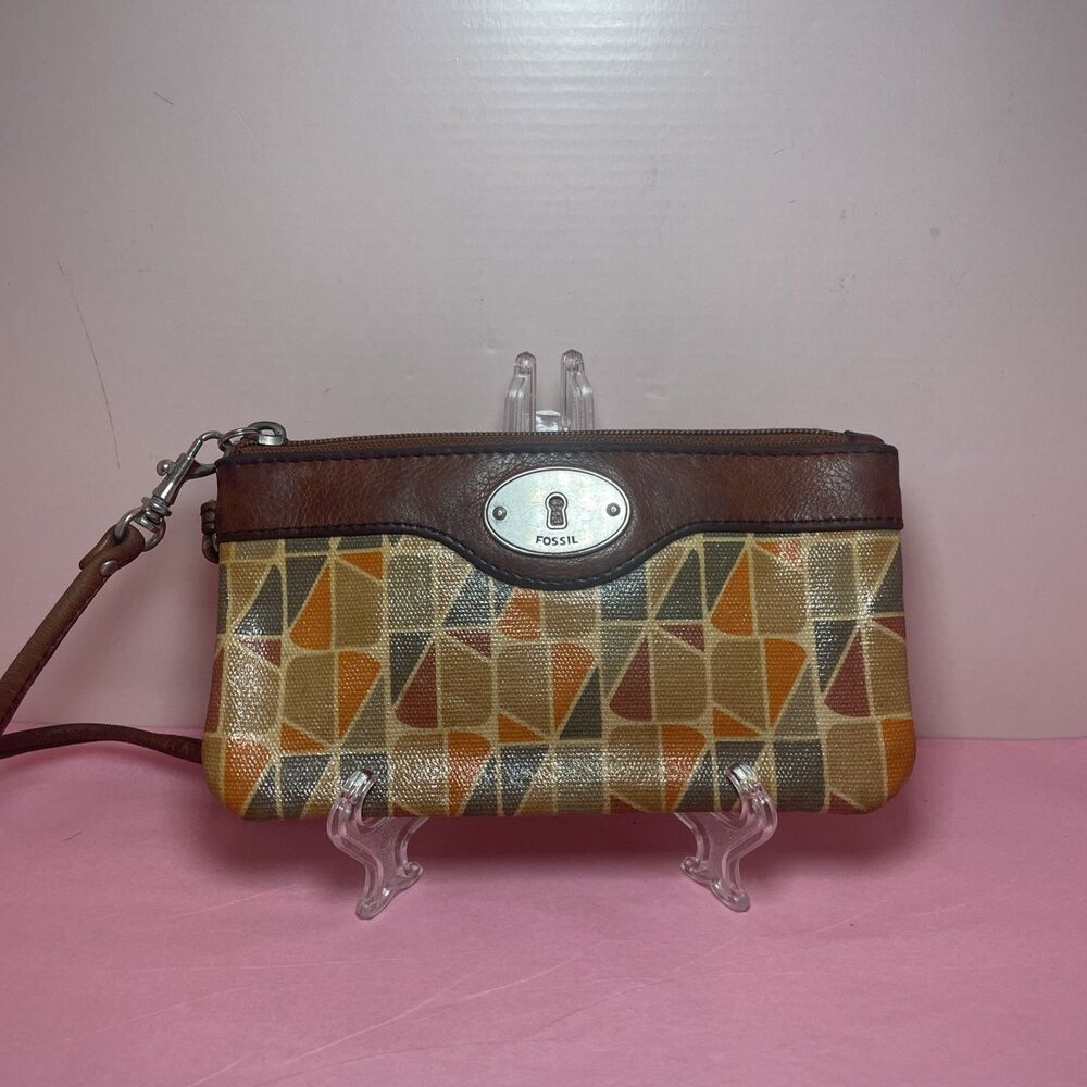 Fossil Zip Top Wallet Wristlet Leather Clutch Bag Coated Canvas Leather